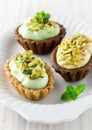 Cream tarts with pistachio and mint