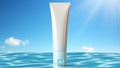 Cream tube mockup in blue clear water background. Skin protection lotion blank template white tube in swimming pool copy space. Royalty Free Stock Photo