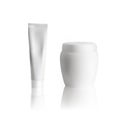 Cream tube mockup on white background. Cosmetic jar mockup. Vector illustration.