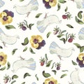 Cream pattern with pansy and dove.