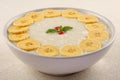Creamed organic rice pudding with bananas. Royalty Free Stock Photo