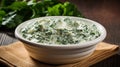 Creamed spinach with garlic in a white bowl. Generative AI