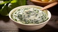 Creamed spinach with garlic in a white bowl. Generative AI