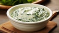 Creamed spinach with garlic in a white bowl. Generative AI