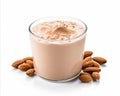 Creamy almond nut butter in glass jar on white background for healthy breakfast spread