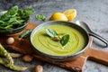 Creamy asparagus and spinach soup in a ceramic plate Royalty Free Stock Photo