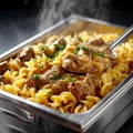 Creamy beef stroganoff pasta garnished with parsley in a dish. Royalty Free Stock Photo