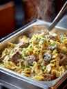Creamy beef stroganoff pasta in a steaming tray. Royalty Free Stock Photo