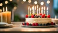 creamy birthday cake with berries and candles on the family kitchen table, people celebrate holidays together,