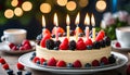 creamy birthday cake with berries and candles on the family kitchen table, people celebrate holidays together,