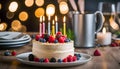 creamy birthday cake with berries and candles on the family kitchen table, people celebrate holidays together,