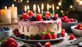 creamy birthday cake with berries and candles on the family kitchen table, people celebrate holidays together,