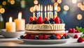 creamy birthday cake with berries and candles on the family kitchen table, people celebrate holidays together,