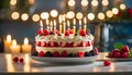 creamy birthday cake with berries and candles on the family kitchen table, people celebrate holidays together, Royalty Free Stock Photo