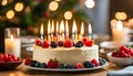 creamy birthday cake with berries and candles on the family kitchen table, people celebrate holidays together,