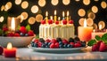 creamy birthday cake with berries and candles on the family kitchen table, people celebrate holidays together, Royalty Free Stock Photo