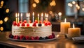 creamy birthday cake with berries and candles on the family kitchen table, people celebrate holidays together,