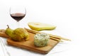 Creamy blue stilton cheese, port wine, pears and cracker sticks