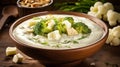 Creamy caulflower and broccoli with feta soup. generative ai Royalty Free Stock Photo