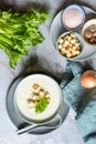 Creamy celery and kohlrabi soup topped with croutons Royalty Free Stock Photo