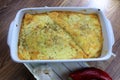 Creamy cheesy tortilla baked dish with ground meat and mozzarella cheese for a family dinner