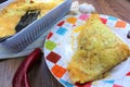 Creamy cheesy tortilla baked dish with ground meat and mozzarella cheese for a family dinner