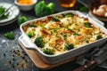 Creamy chicken and broccoli bake in a casserole dish. Generative AI Royalty Free Stock Photo