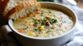 Creamy chicken corn chowder with fresh bread and herbs Royalty Free Stock Photo