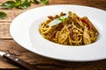 Creamy Chicken Pesto Spaghetti served in dish isolated on table top view of arabic tasty fasfood