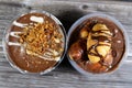 creamy chocolate profiteroles, with mini croissant stuffed with chocolate, sauce, peanut butter, almonds, profiteroles are cream