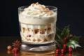 Creamy Christmas pudding in a glass on a dark background. Generative AI Generative AI