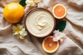 Creamy citrus indulgence. open jars of cream with fresh orange fruits - top view. Body care