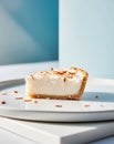 Creamy coconut cream pie on blue background.