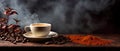 creamy coffee cup and coffee beans as the backdrop, offering a delicious and aromatic experience. Royalty Free Stock Photo