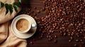 creamy coffee cup and coffee beans as the backdrop, offering a delicious and aromatic experience.