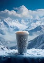 creamy coffee drink is set against the backdrop of a mountainous landscape.