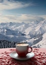 creamy coffee drink is set against the backdrop of a mountainous landscape.