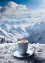 creamy coffee drink is set against the backdrop of a mountainous landscape.