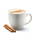 Creamy coffee topped with cinnamon in white mug, on white background Royalty Free Stock Photo