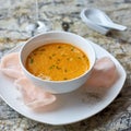 Creamy crab soup on marble background