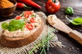 Creamy curd spread with chili, ground cumin, chive and basil Royalty Free Stock Photo