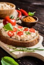 Creamy curd spread with chili, ground cumin, chive and basil Royalty Free Stock Photo