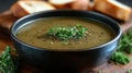 Creamy, dark vegetable soup, garnished with fresh thyme and pepper Royalty Free Stock Photo