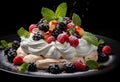 Creamy dessert and the crispness of freshly sliced fruits on plate. AI Generated