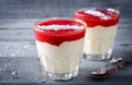 Creamy dessert with strawberry sauce and coconut flakes in glasses Royalty Free Stock Photo