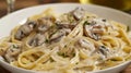 A creamy fettuccine alfredo made with a cashewbased sauce and topped with saut ed mushrooms and garlic