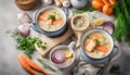 Creamy fish soup with salmon, potatoes, onions , carrots, dill and celery