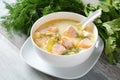 Creamy fish soup with salmon, potatoes, onions , carrots, dill and celery . Kalakeitto- traditional dish of the Finnish cuisine