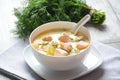Creamy fish soup with salmon, potatoes, onions , carrots, dill and celery . Kalakeitto- traditional dish of the Finnish cuisine