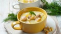 Creamy fish soup with salmon, potatoes, onions , carrots, dill and celery